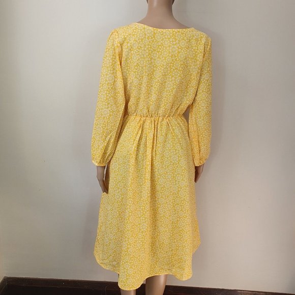 Vintage Floral dress Peasant prairie Sze 8/10 yellow frill hem longsleev pockets - Picture 4 of 6
